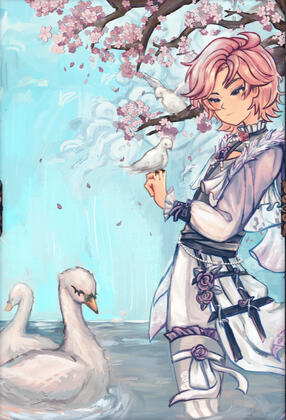Kohaku Swan Illustration of Kohaku from ensemble stars featuring swans, pigeons, and cherry blossoms